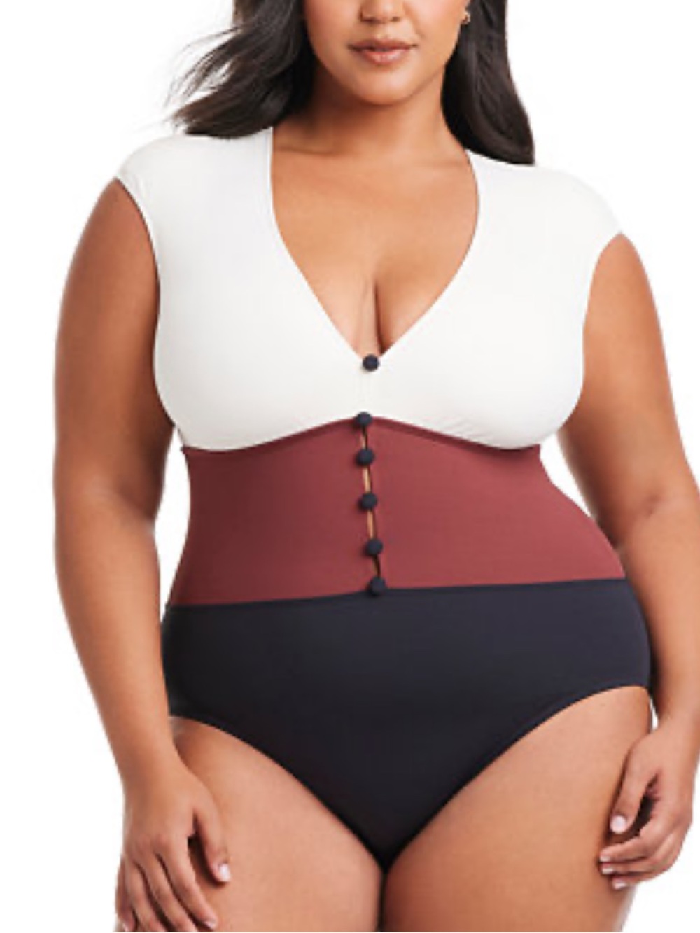 Colorblocked Button-Down Cap-Sleeve One-Piece Swimsuit 18W